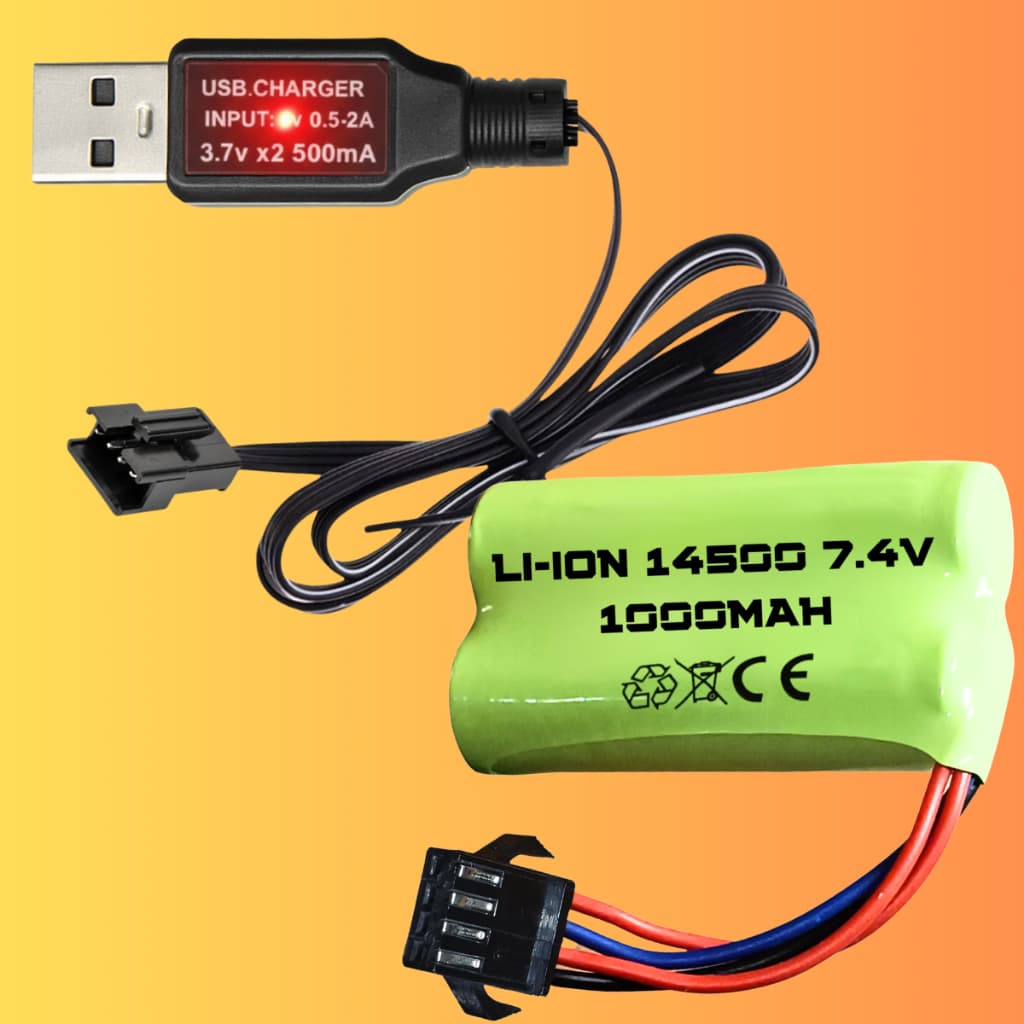Carregador Com Bateria 1000mAh 7.4v 14500 P/ Arminhas de gel Carrinho de controle Sm 4 pinos