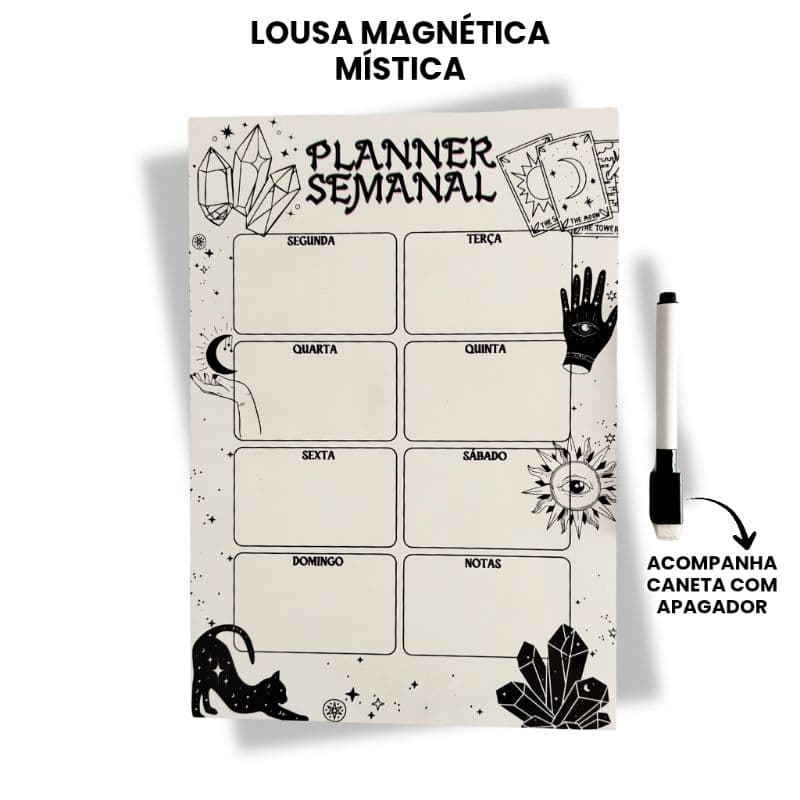 Lousa de Geladeira Mística | Gato Preto e Cristais – 21x30cm com Caneta | Recados, Planner