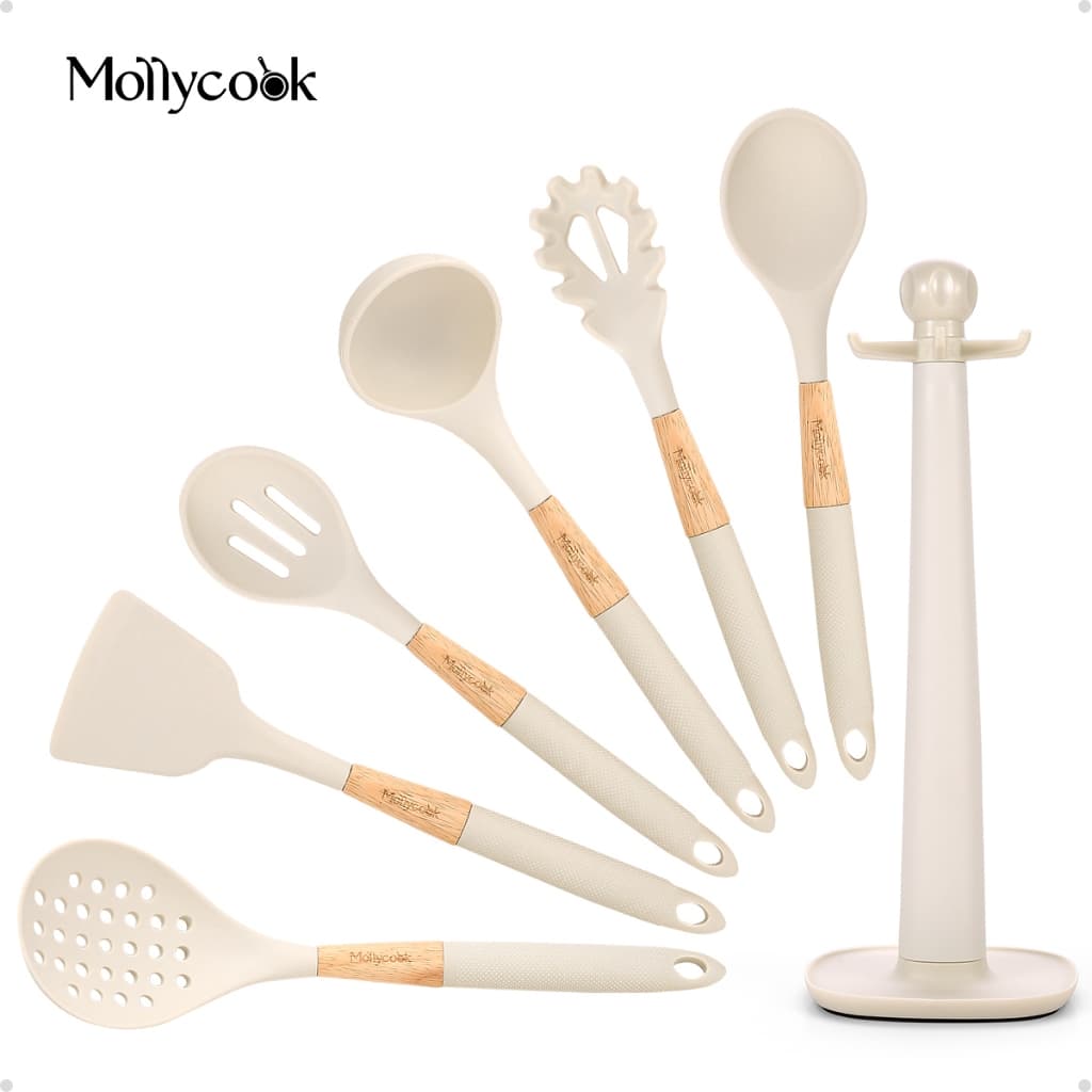 Mollyccok Kit 7 Peças Espatula de Silicone Utensílios Cozinha Conjunto Utensílios Talher de Cozinha Cor Branco