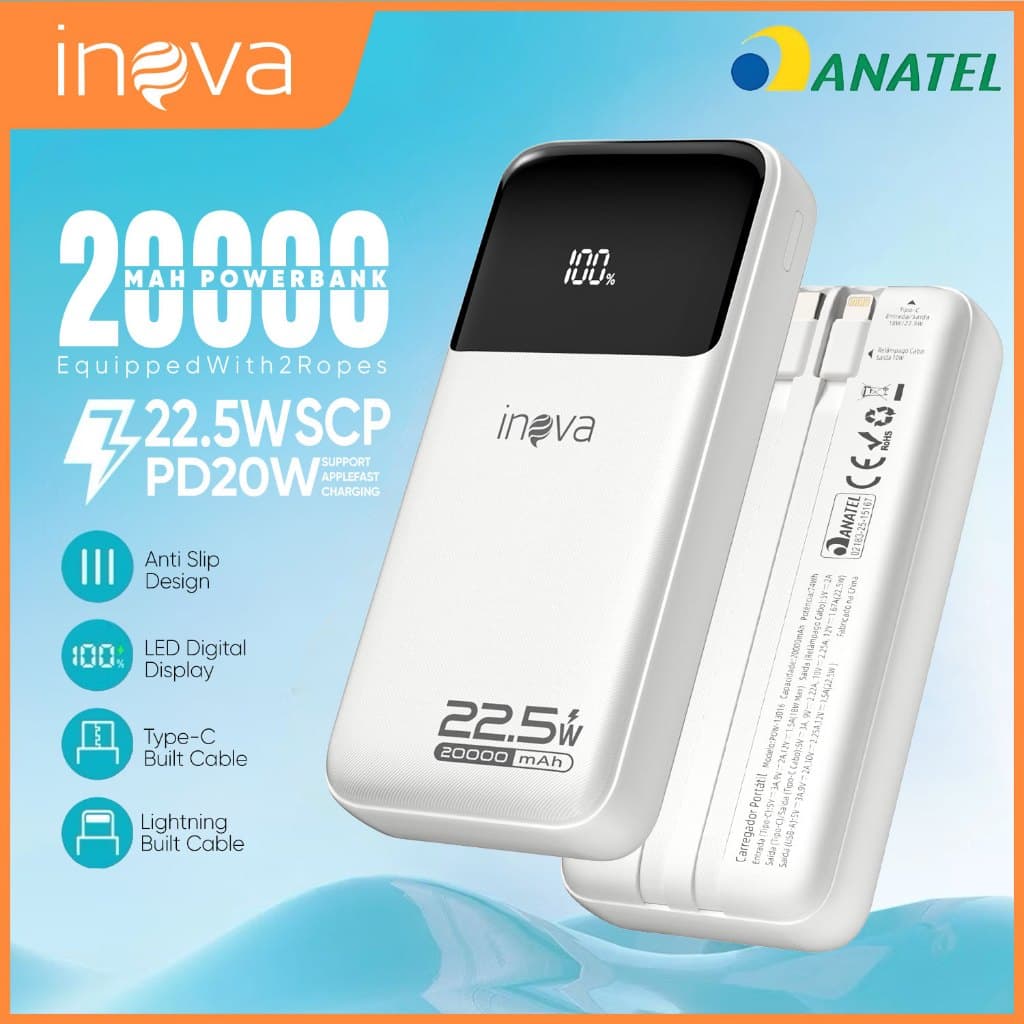 INOVA Power Bank 20000mah Carregador Portatil Turbo PD 22.5W Rápido com Display Digital