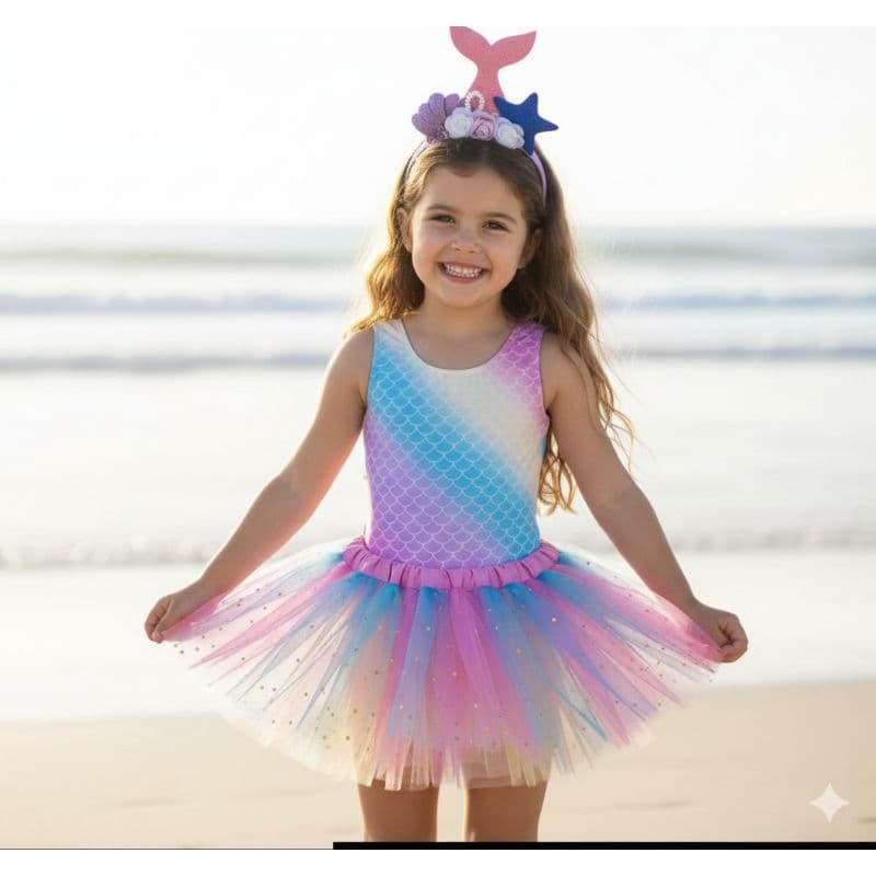 Fantasia infantil sereia kit 3 pçs body colan saia bolinha  tule tiara Carnaval aniversário.