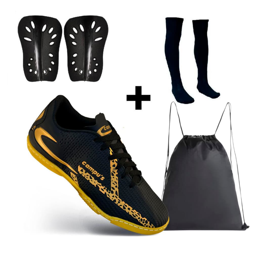 Kit Futebol Completo com Chuteira Futsal + Caneleira +Meião Sortido+Mochila Bag Esportiva Lançamento