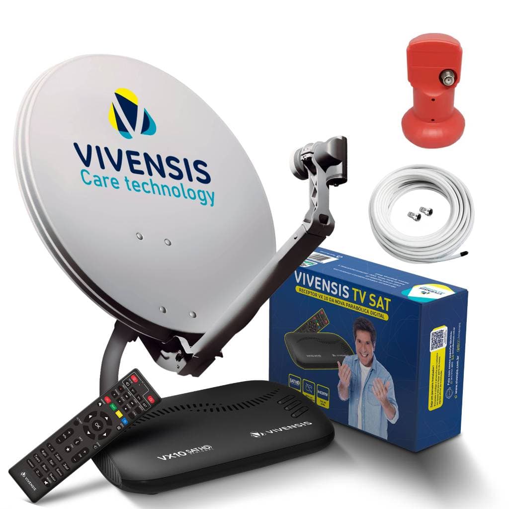 Kit Receptor Vivensis Vx10 Com Parabólica 60cm Cabo Coaxial de 15 metros, LNBF, Conectores