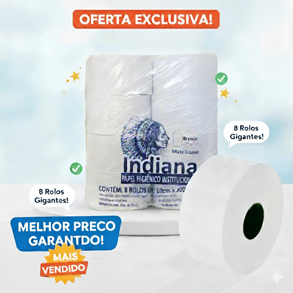 8 Rolos Papel Higiênico Indiana Grande Com Boa Resistencia Papel Macio e Folha Simples Restaurantes