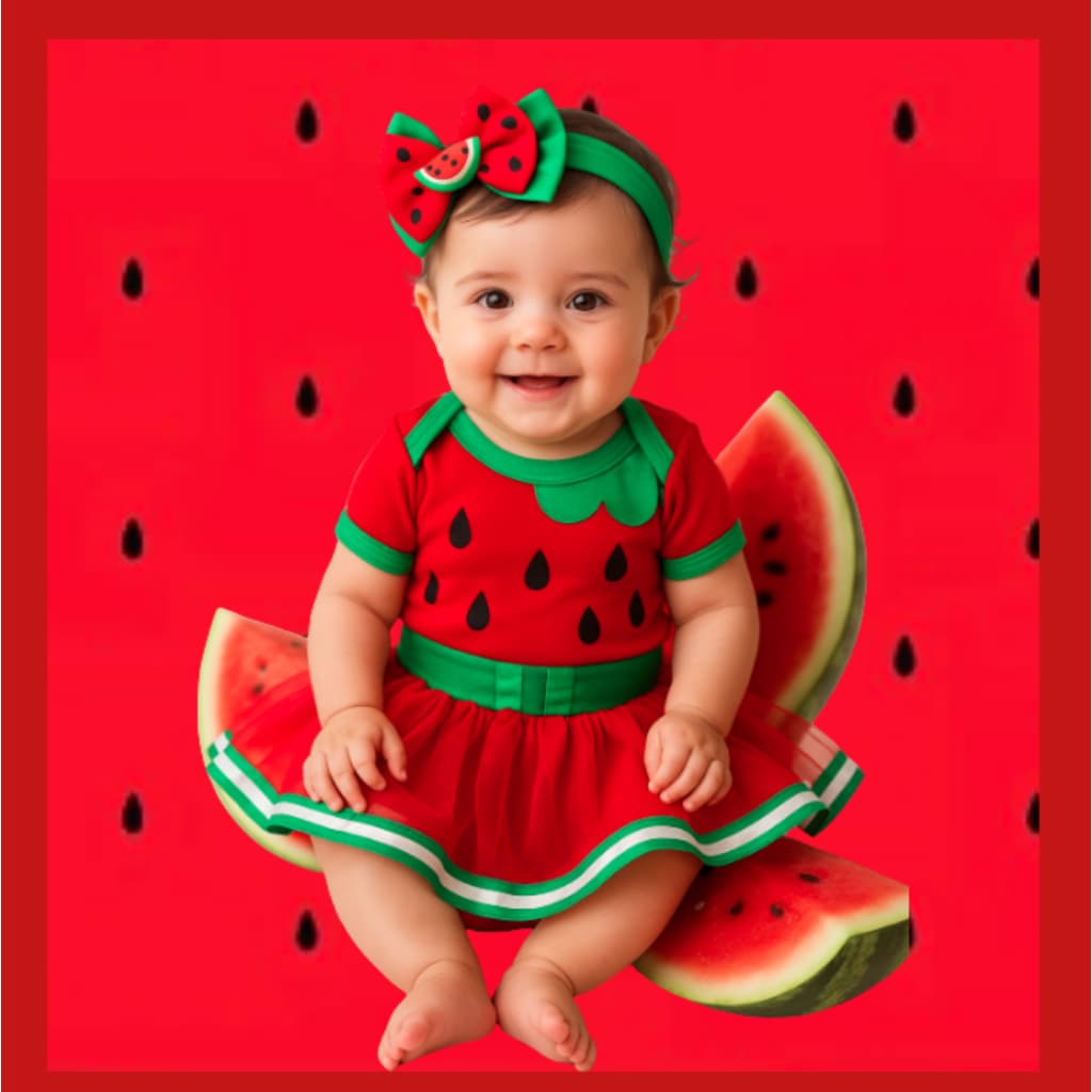 Body Bebê Melancia + saia tule + laço- Look Frutinha para Bebês, Tamanhos