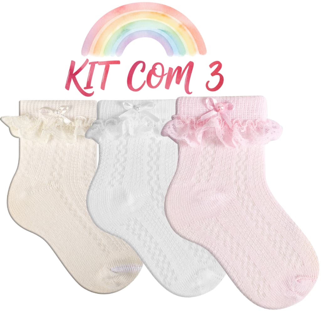 Kit 3 Pares Meia Infantil Bebê Menina Meia De Festa Rendada Batizado 16 ao 25
