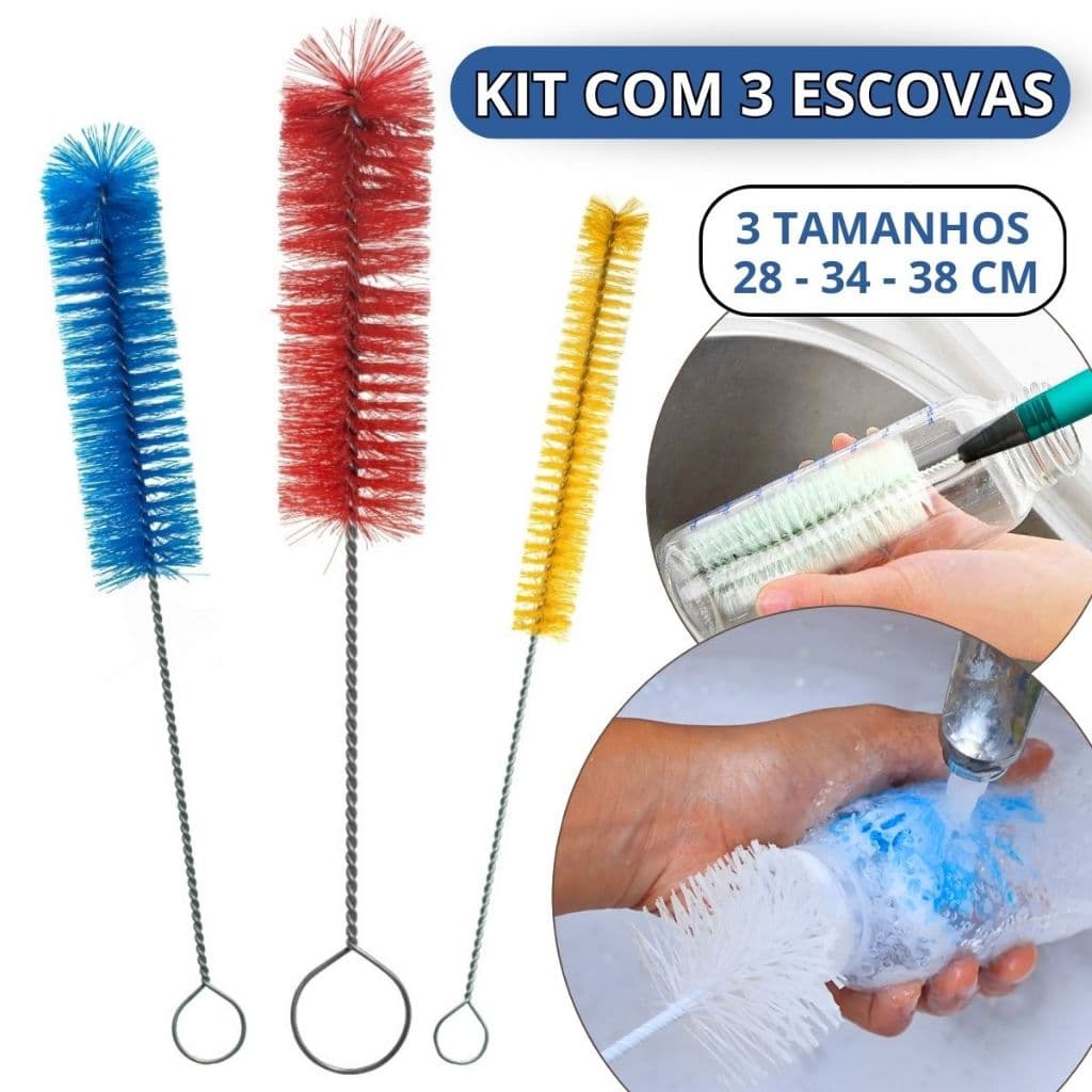 Kit 1/2/3 Escovas Para Lavar Garrafas Mamadeira Escova Garrafa Tamanhos 28 + 34 + 38 Cm