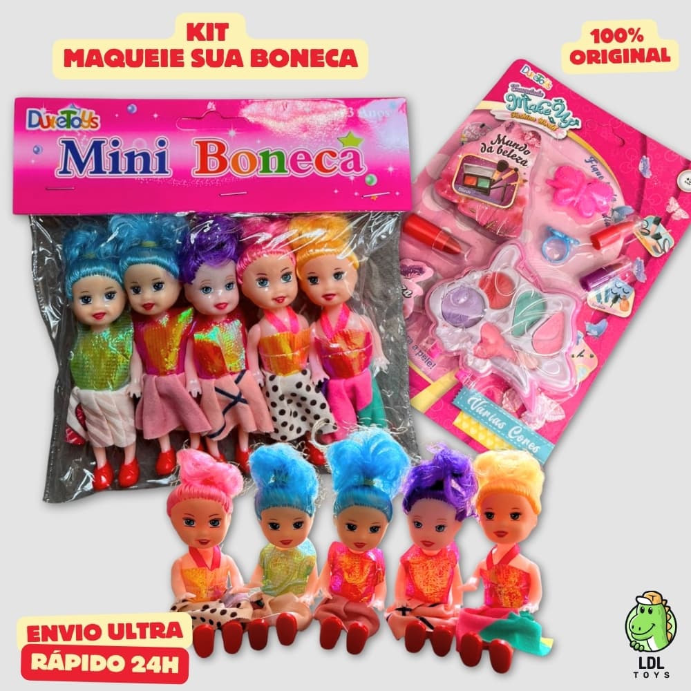 Kit 5 Bonecas + Maquiagem Brinquedo Maqueie Sua Boneca Presente Infantil Faça Você Mesmo Menina