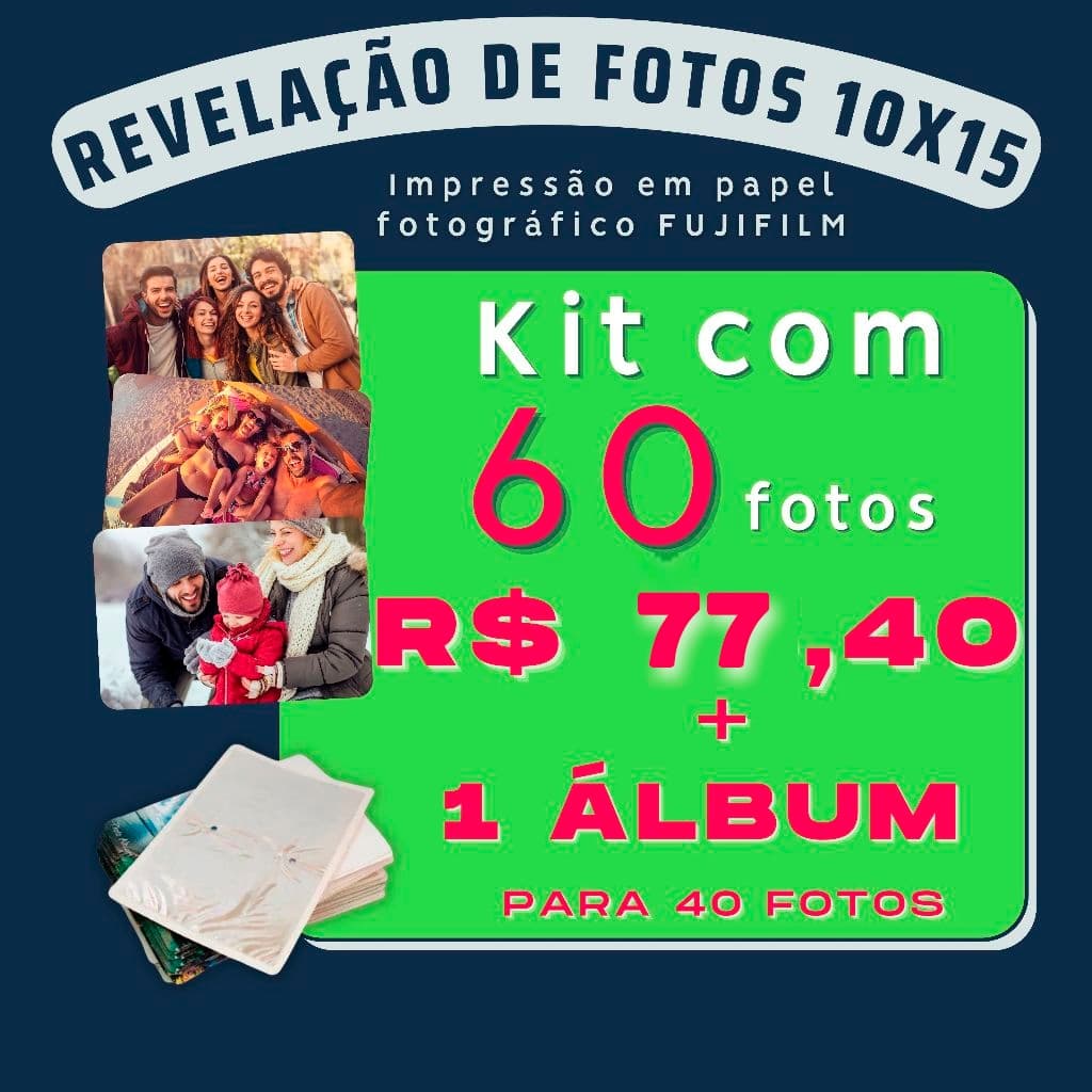 Revelar Fotos ( Revelação de 60 fotos 10x15 + 1 álbum para 40 fotos ) Envio rápido Impressão Revelar foto