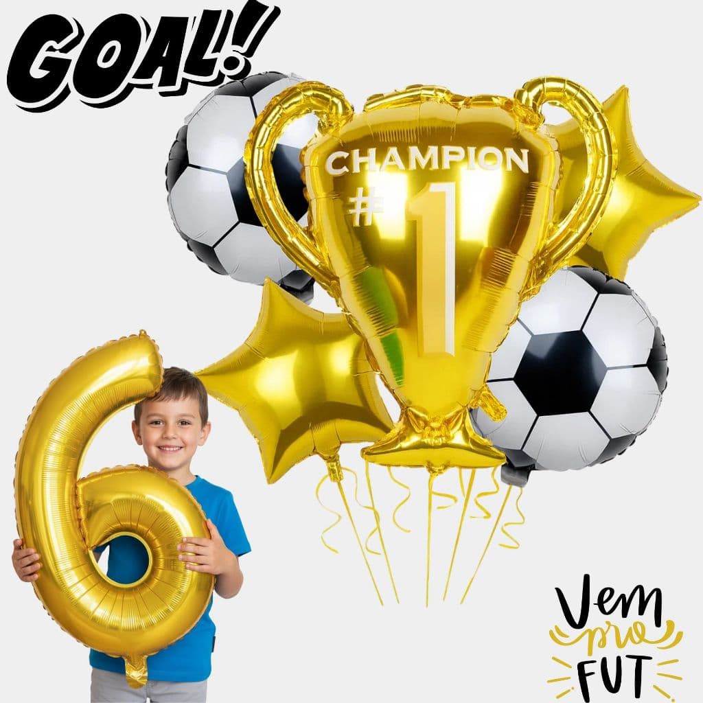 Kit 5 Balões Futebol + Número Dourado Troféu  Estrela e Bola Metalizados Festa Decoração Aniversário