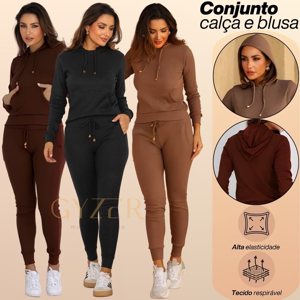Conjunto Feminino Calça Jogger e Blusa Canguru C Capuz Tipo Moletom Para o Frio Inverno C Lycra