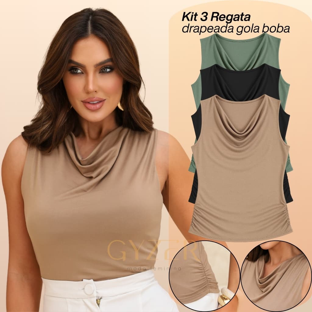 KIT 3 Blusa Regata Feminina Gola Boba Alça Larga Grossa Costas Fechada Tecido Regula Temperatura