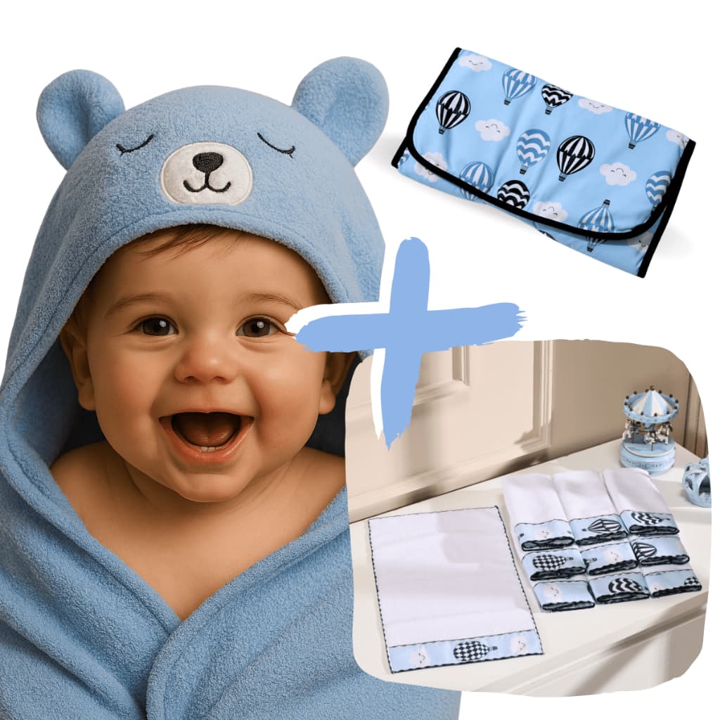 Kit 8 Peças Toalha Banho Bebê Capuz + 6 Toalhinha Ombro Felpuda Atoalhada Fleece + Trocador Portátil