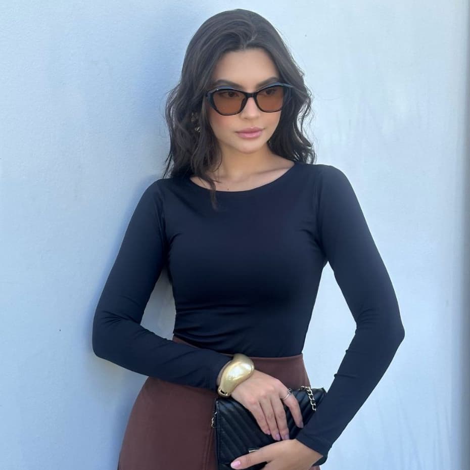 Blusa Feminina Manga Longa Gola Redonda Noite Básica Inverno Casual