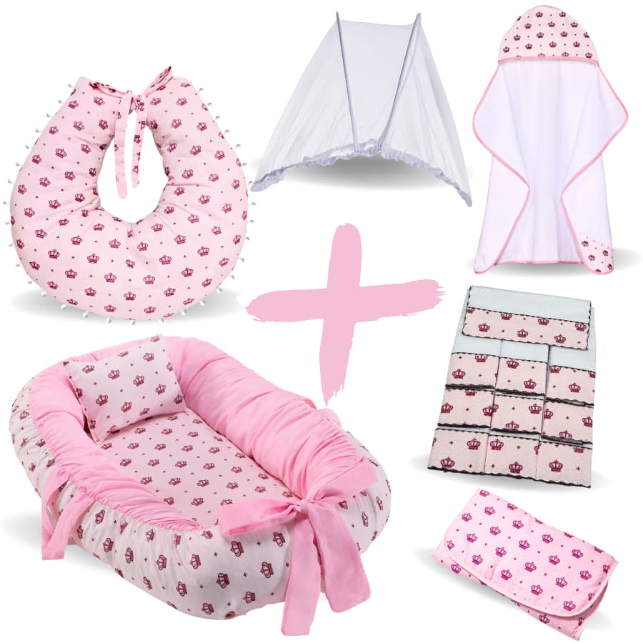 Kit Toalha Bebê + Ninho Redutor + Almofada + Trocador Portátil + Mosquiteiro +Fralda de Boca