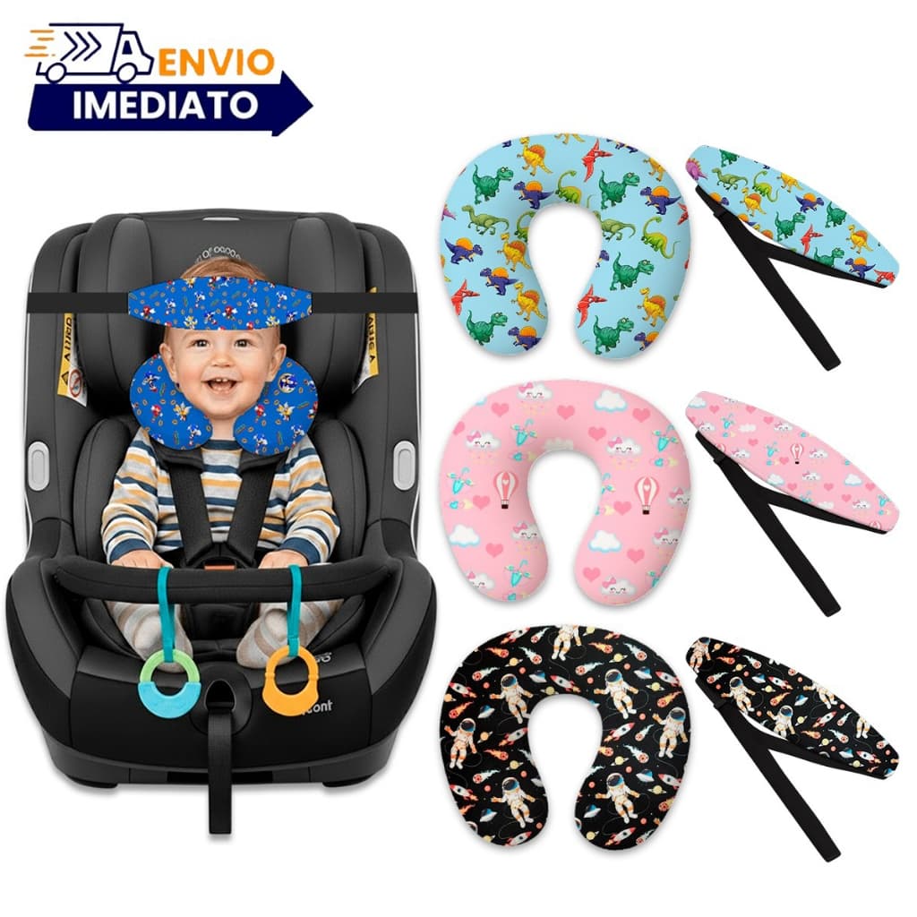 Kit Almofada de pescoço com Faixa Apoio Suporte Cabeça de Bebê Cadeirinha Carro