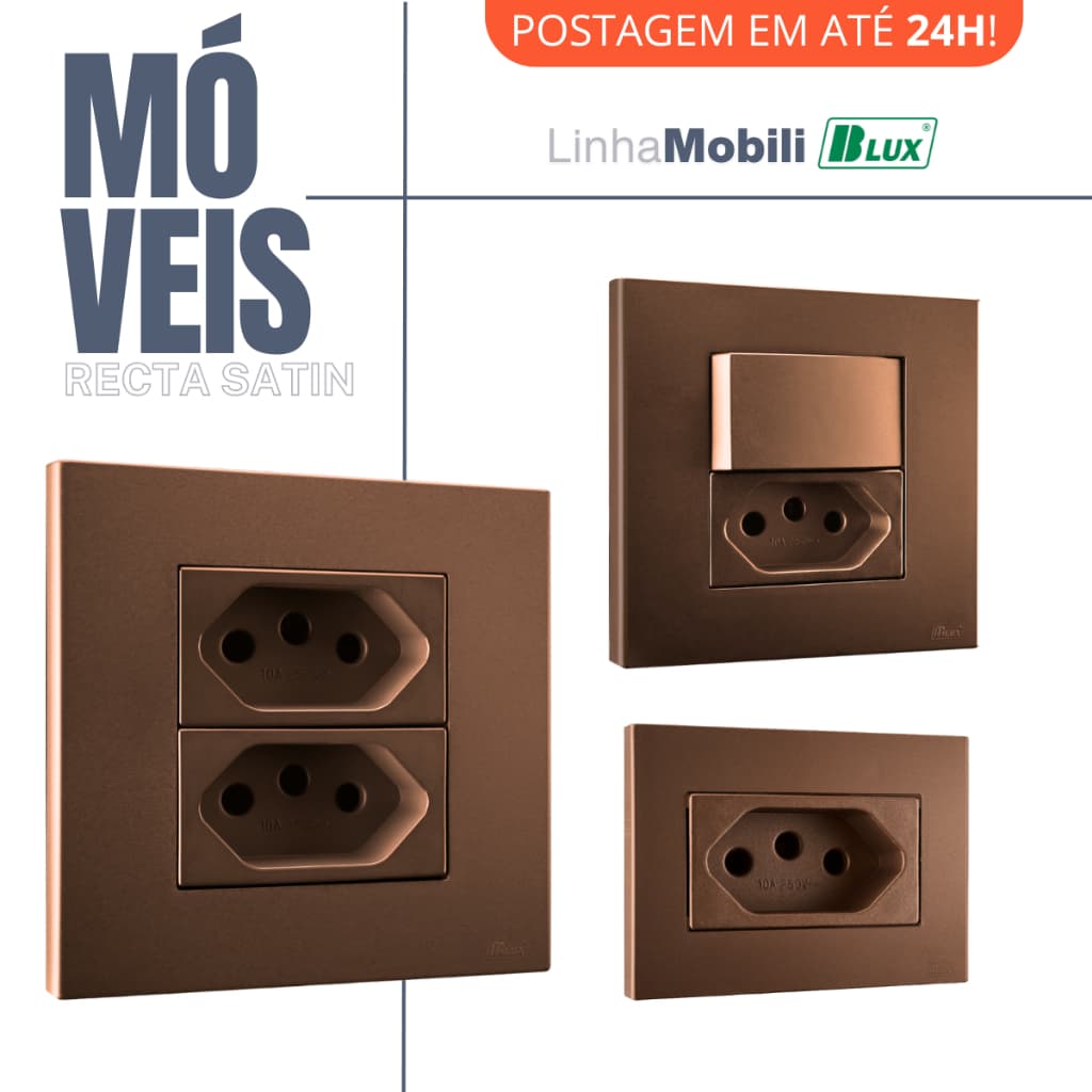 Conjunto Tomada Corten Embutir Moveis Mobili 10a 20a Interruptor Preto Recta Cobre Bronze Satin Fosco Blux