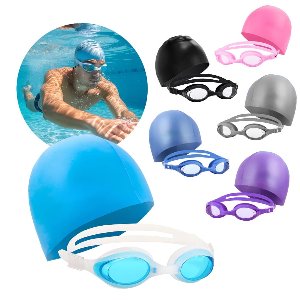 Kit De Natação com Touca Silicone E Óculos Para Jovens Crianças e Adultos - Óculos Mergulho Piscina