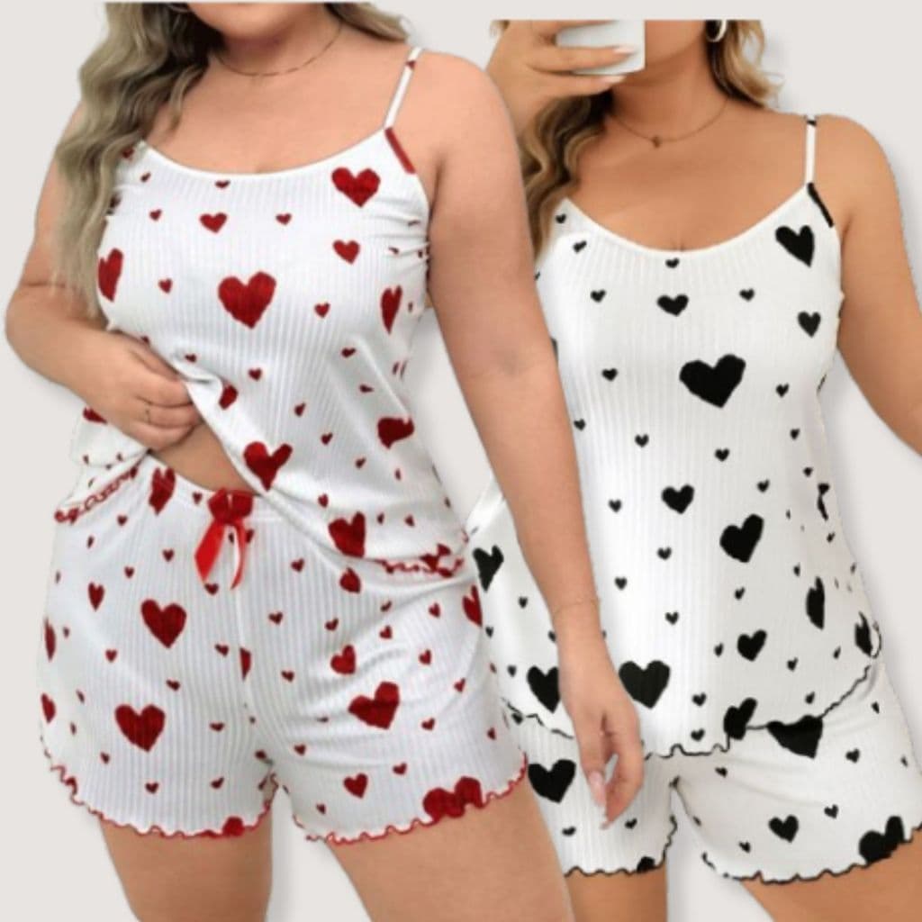 Kit 2 Pijamas Plus Size Feminino Baby Doll Coração Verão Conjunto G1 G2 G3