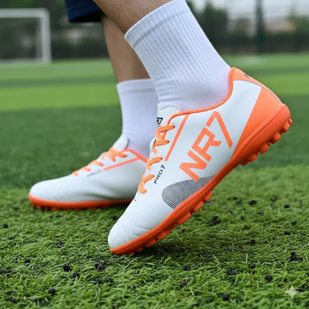 Chuteira Society NR7 com sola costurada, design moderno, aderência superior e ótimo custo-benefício