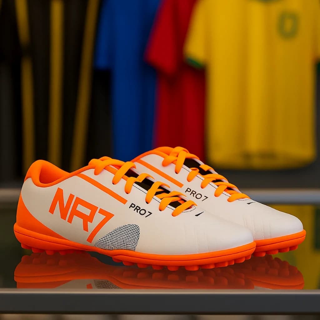 Chuteira Society NR7 com sola costurada, couro sintético macio e controle de bola preciso no society