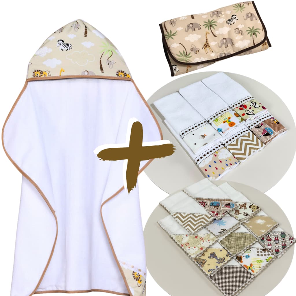 Kit  com 14 Peças 1 Toalhas de Banho Bebê Forrada +6 Fraldinha Boca +6 Toalhas+1 Trocador Portátil
