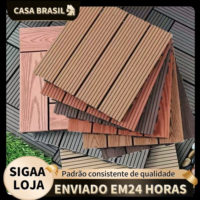 Piso modular de plástico com textura de madeira, adequado para diversos locais.