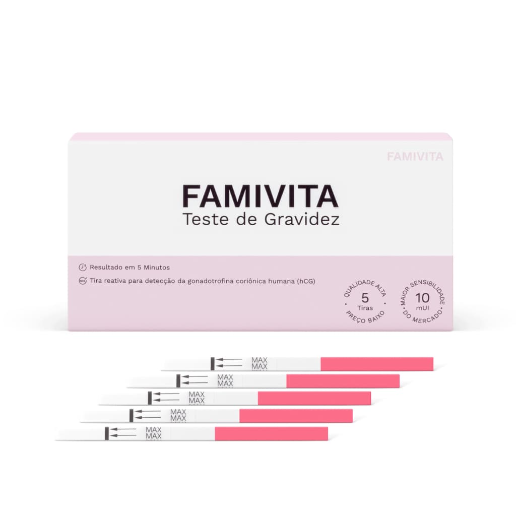 Teste de Gravidez Famivita - 5 Tiras - Sensibilidade 10mUI - Detecta antes do Atraso
