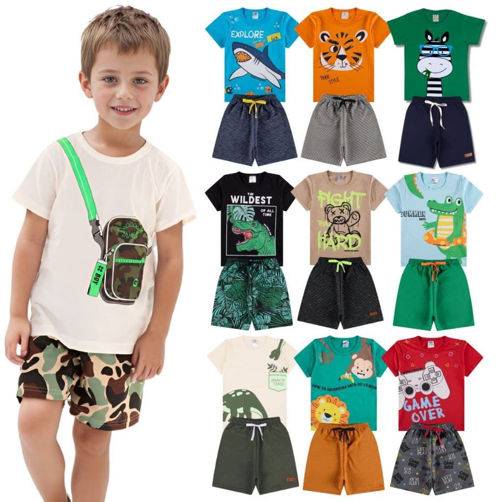 Kit Sortido 2 ou 8 Peças de Roupas Infantil Menino- 4 Camisetas + 4 Bermudas - Kit 4 Conjuntos de Roupa Verão Masculino