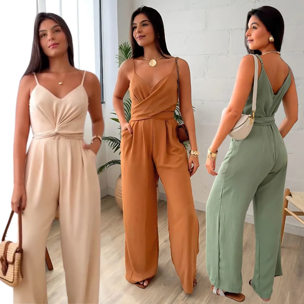 MACACÃO COMPRIDO ALÇA FINA COM REGULADOR LAÇO PARA AMARRAÇÃO NA CINTURA