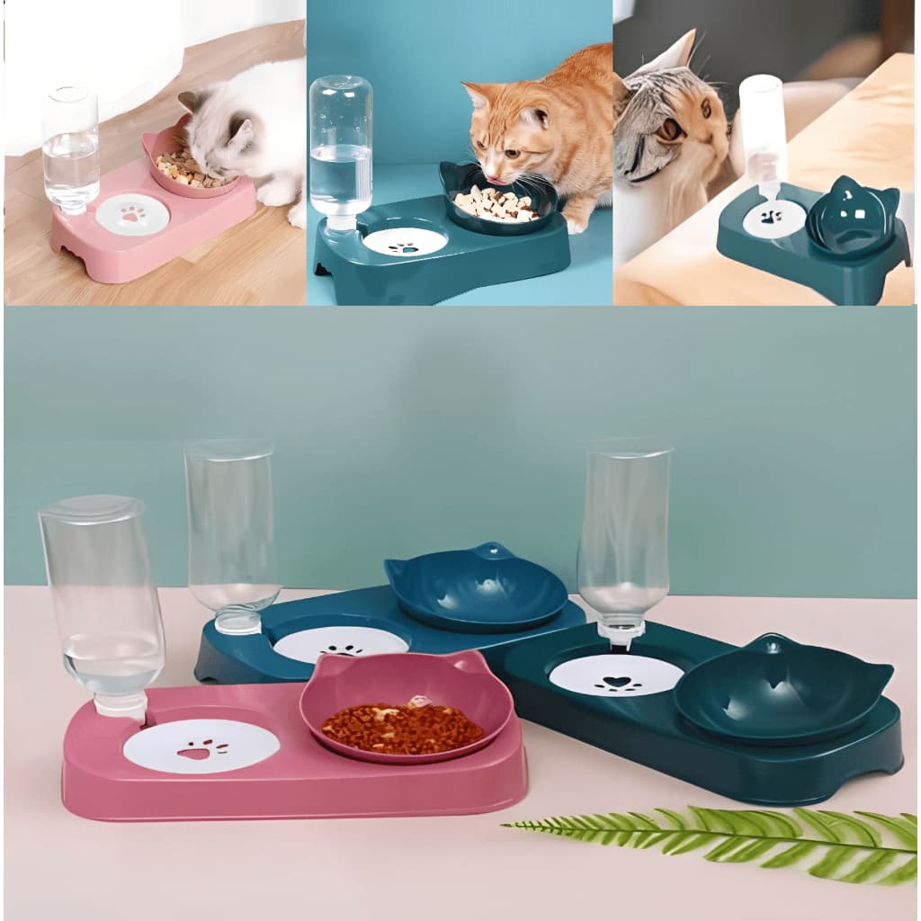 Comedouro E Bebedouro Duplo Automático Para Pets Cachorro E Gatos 2 Em 1 300gr/500ml Tigela Elevada