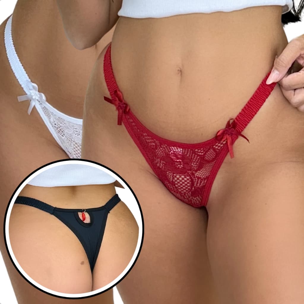 Kit 2 Calcinha Fio Dental Renda Lingerie Pingente Pimenta Microfibra Tanga Feminina Moda Intima