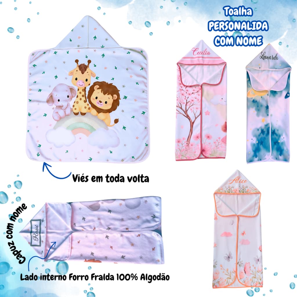 Toalha de banho com nome bordado no capuz piscina bebê infantil forro 100% algodão super absorvente