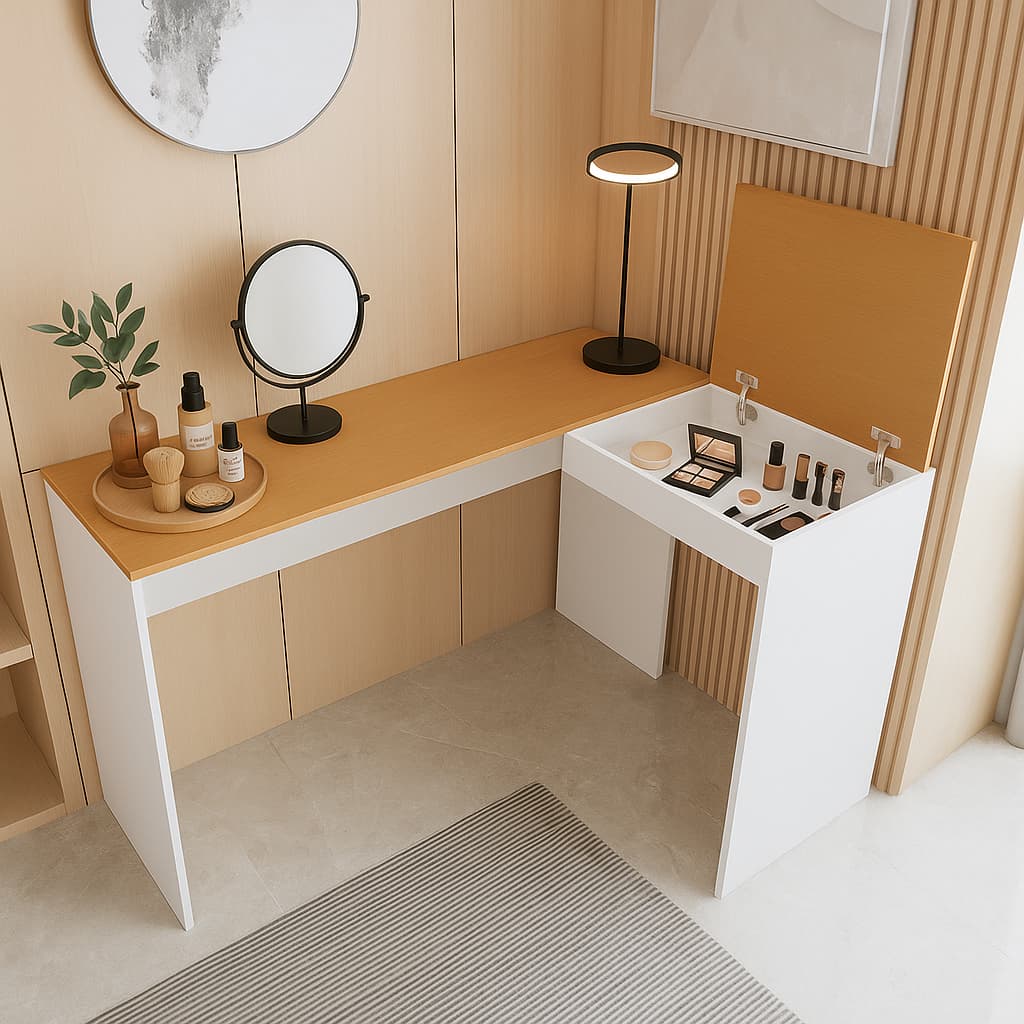 Penteadeira Mesa Escrivaninha em L de Canto com Nicho Porta Objetos Maquiagem Skincare Joias