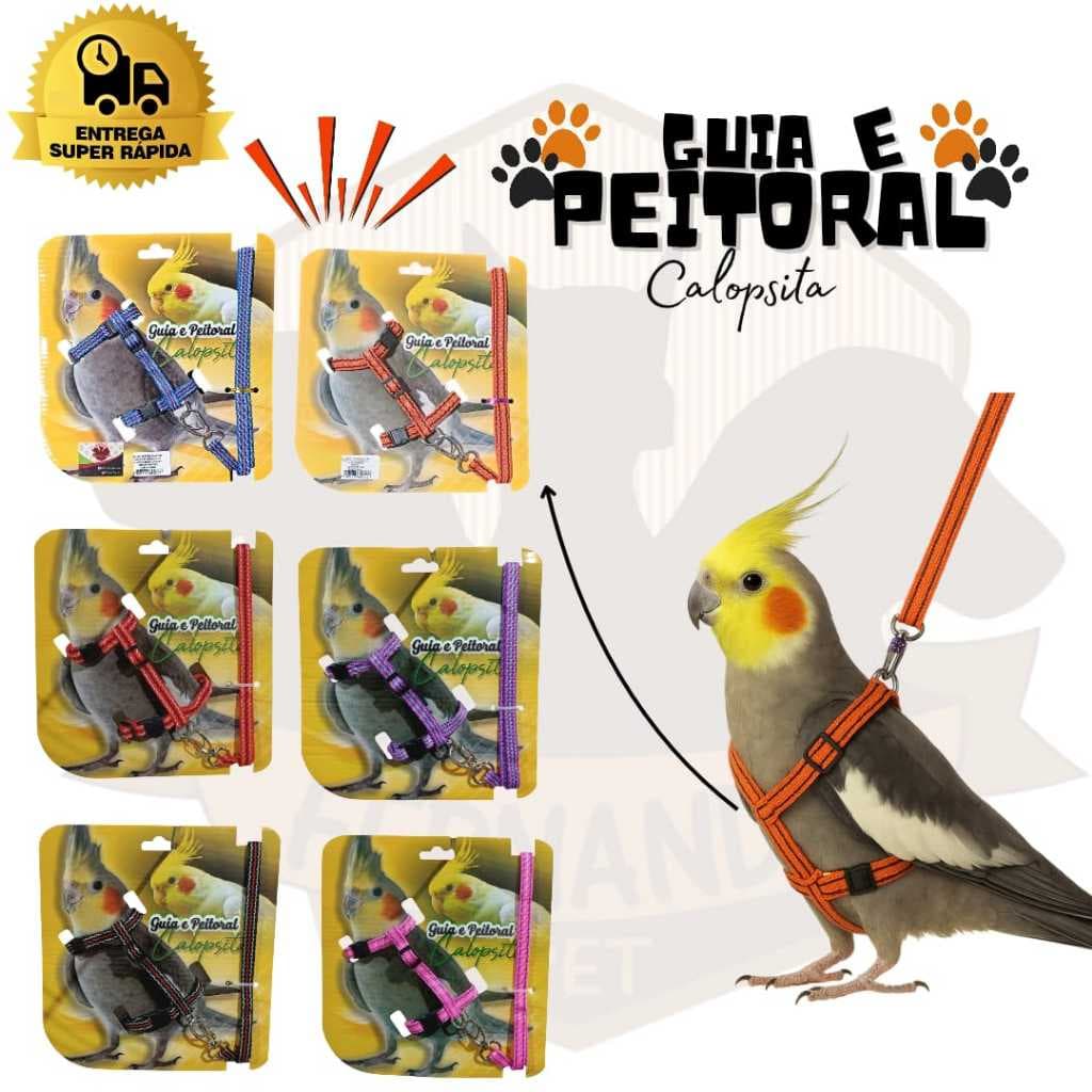 Peitoral para Calopsita com Guia Ajustável | Paitoral para Passáros | Peitoral Papagaio.