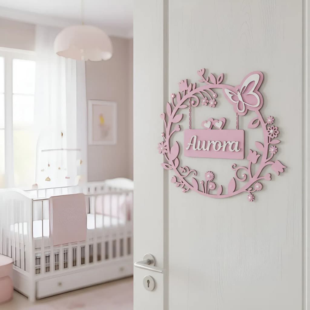 Porta Maternidade Guirlanda enfeite de porta Mdf Personalizada Tema Borboleta 30cm