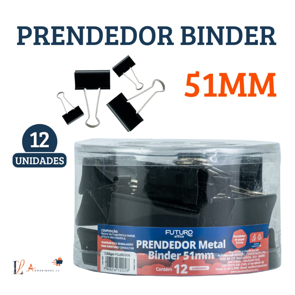 Kit 12 Clip Binder Preto 51mm – Clipe de Papel Metálico p/ Escritório, Festa e Decoração