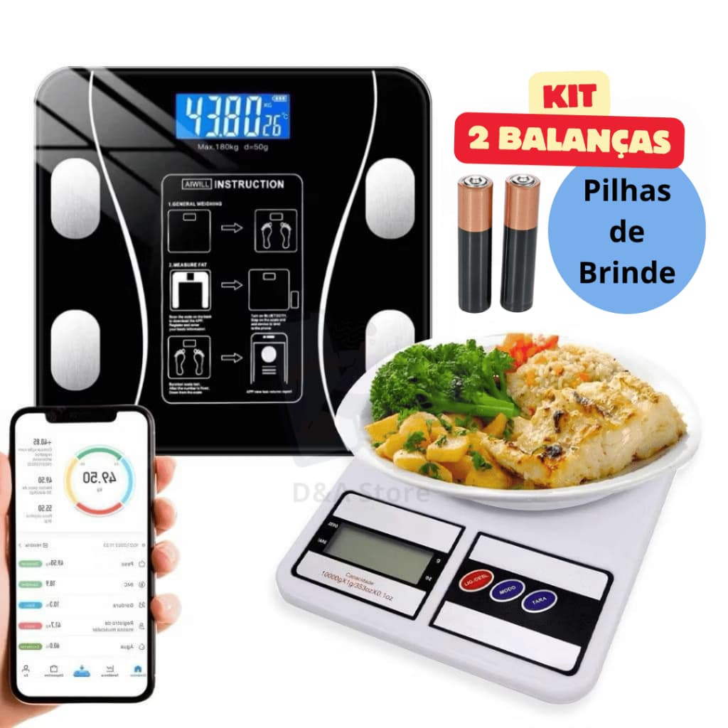 Kit 2 Balanças Digitais Balança de Cozinha Alta Precisão + Balança Bioimpedância Inteligente
