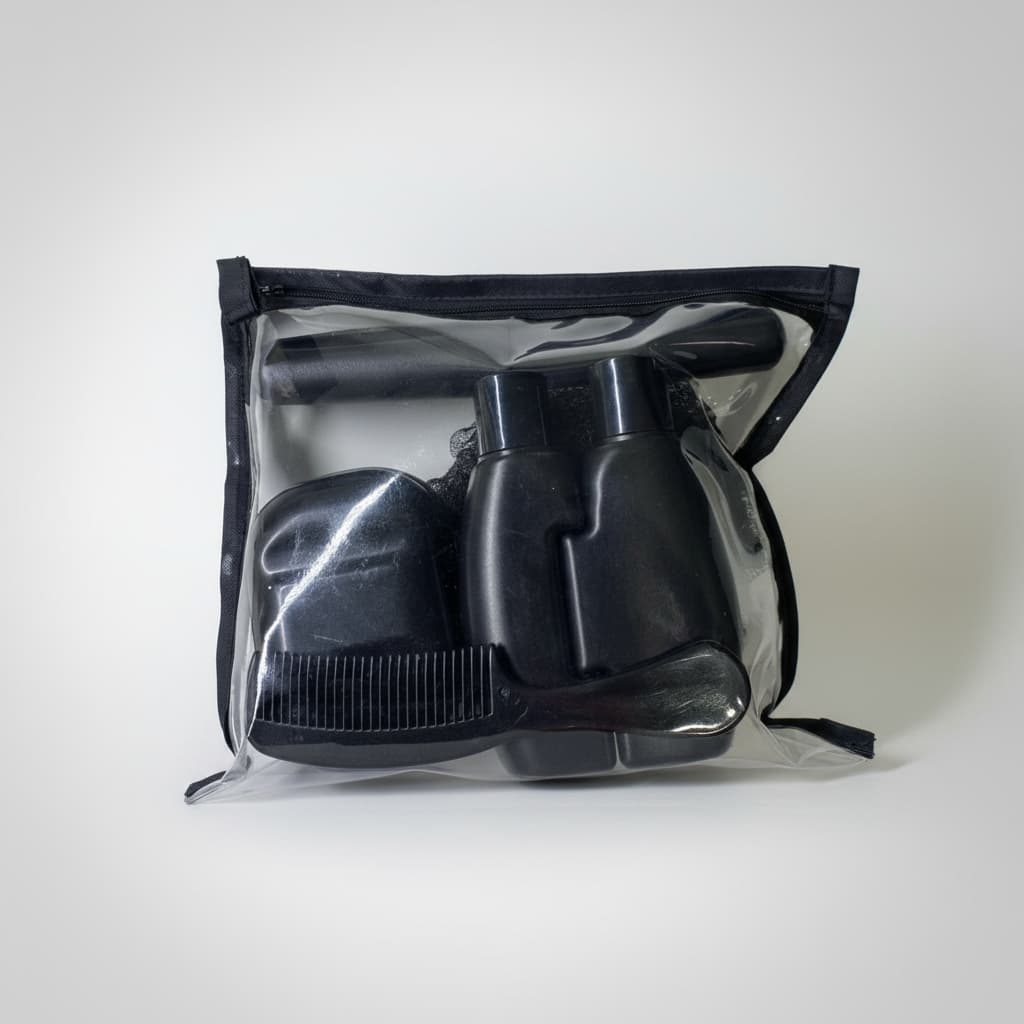 Kit Viagem Preto 5 Peças Esponja De Nylon Saboneteira Pente Porta Shampoo Organizador de Mala