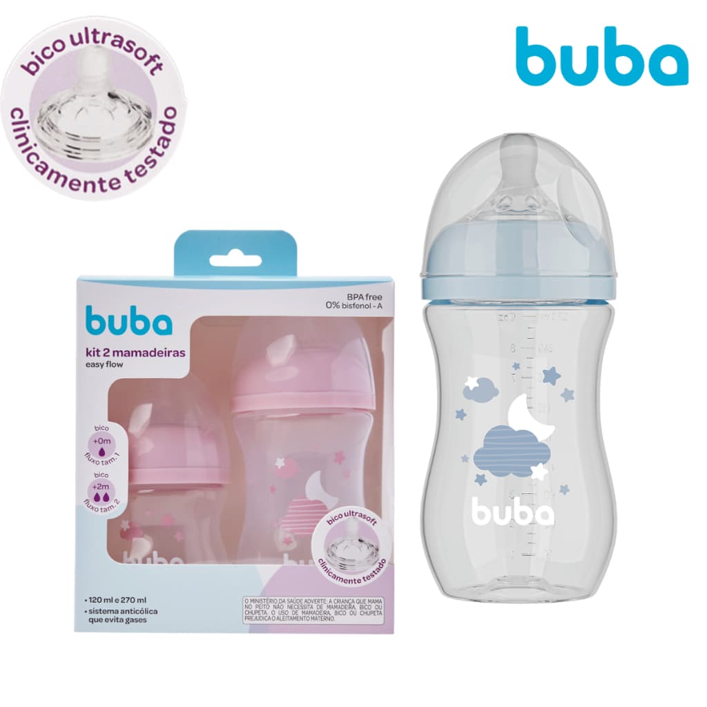 Mamadeira Buba Easy Flow 270 E  330 E 120 ml Anticólica Bico Silicone Pétala