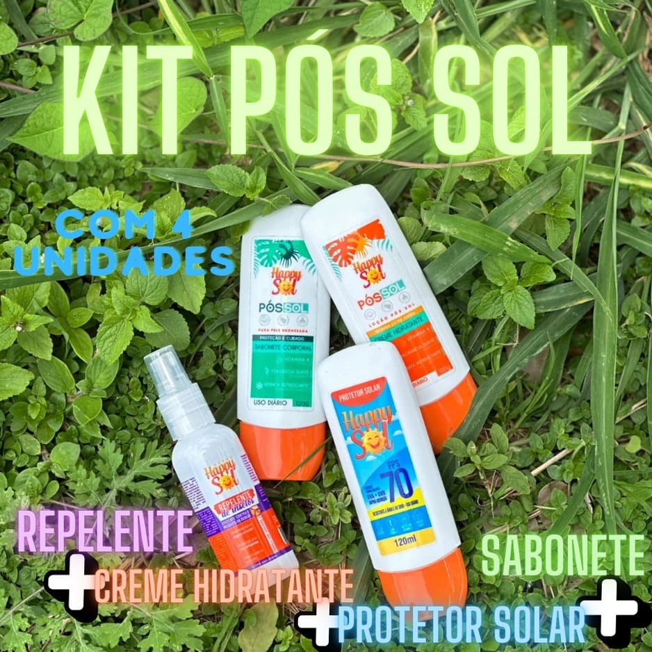 KIT PÓS SOL - Protetor solar 70 FPS , repelente , creme hidratante , sabonete HAPPY SOL