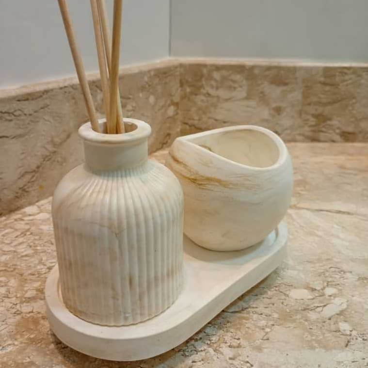 DECORAÇÃO  LAR  BANDEJA, VASO DIFUSOR, E POTE DESIGN CILINDRO GESSO