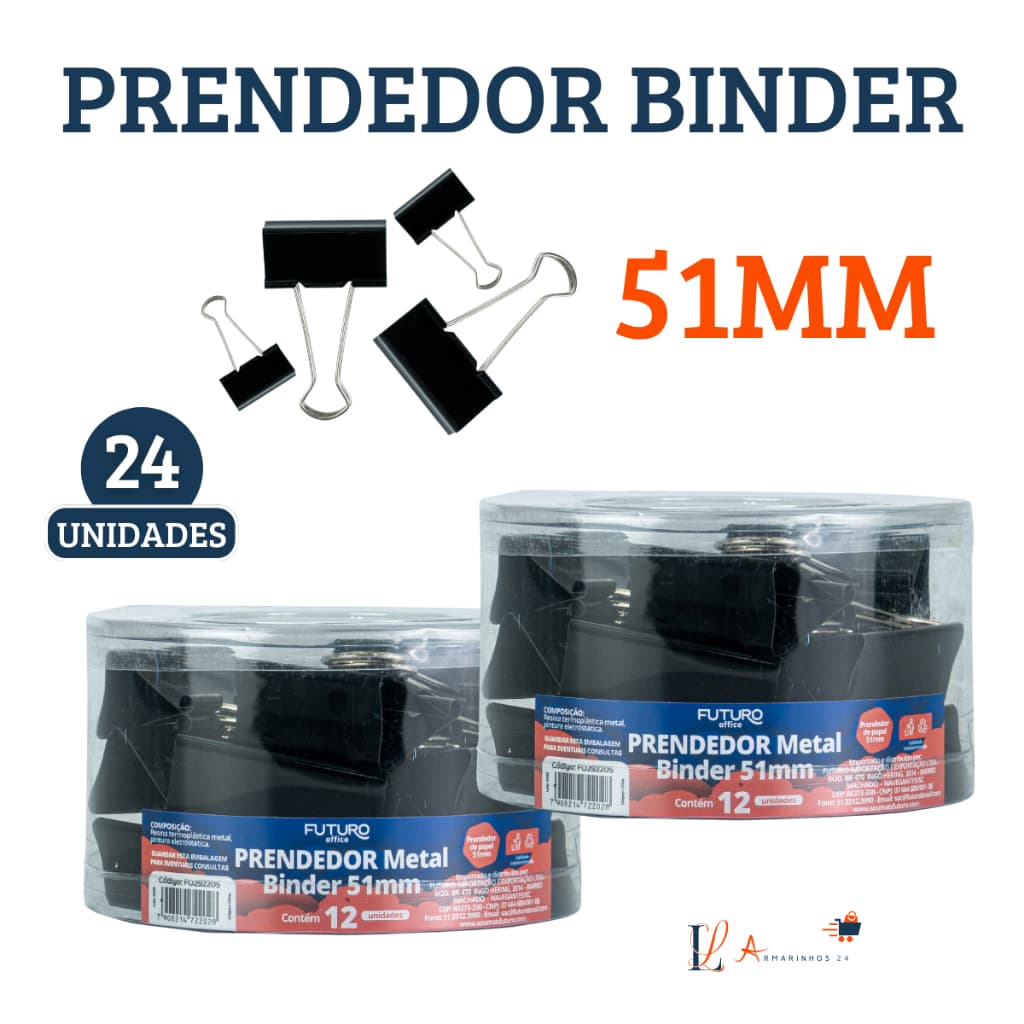 Kit com 24 Unidades Prendedor De Papel Binder Metal Clips Borboleta Preto 51mm