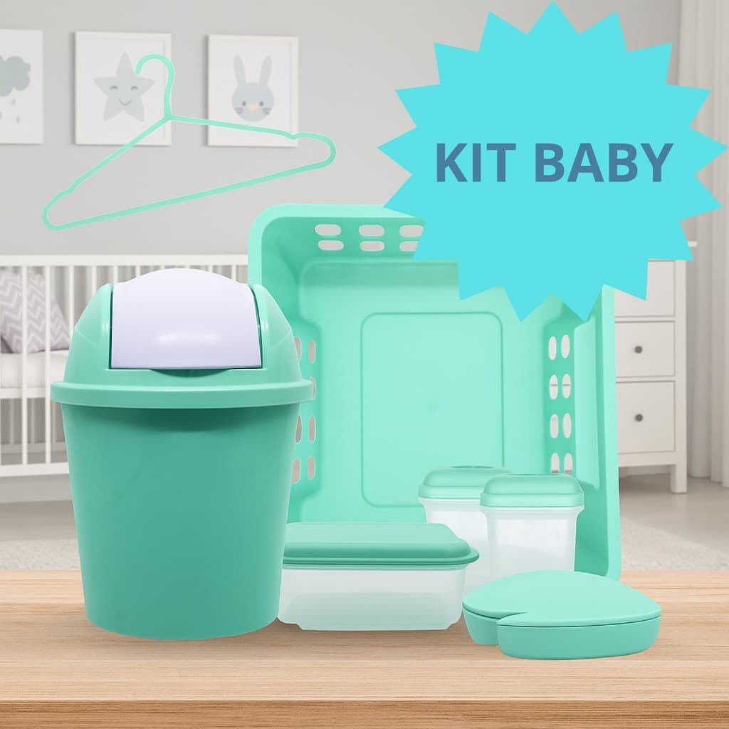Conjunto Baby Com Cestinho Para Fraldas Lixeirinha e Potinhos Para Pomadas Saboneteira e Cabides Kit