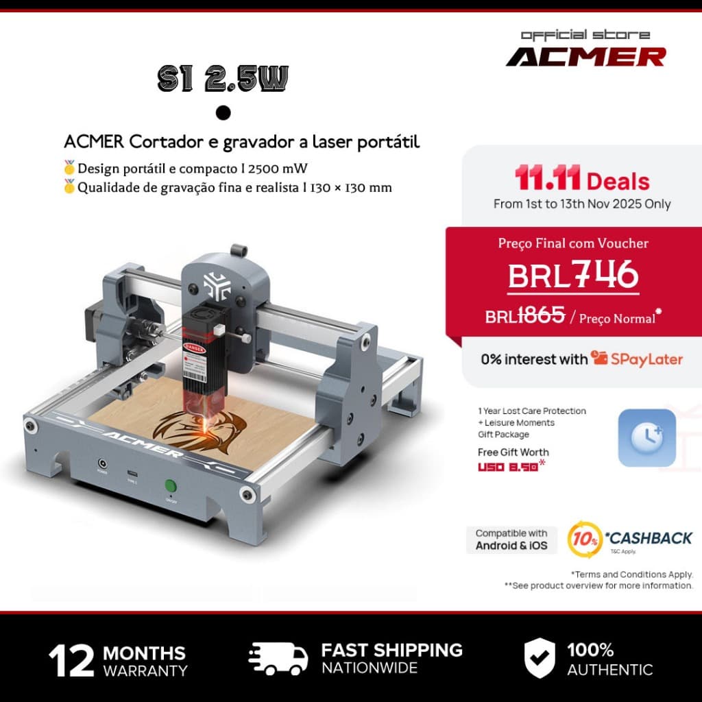 ACMER Cortador e gravador a laser portátil S1 2.5W para bricolage, madeira, metal, acrílico, couro, etc. Classe laser 4