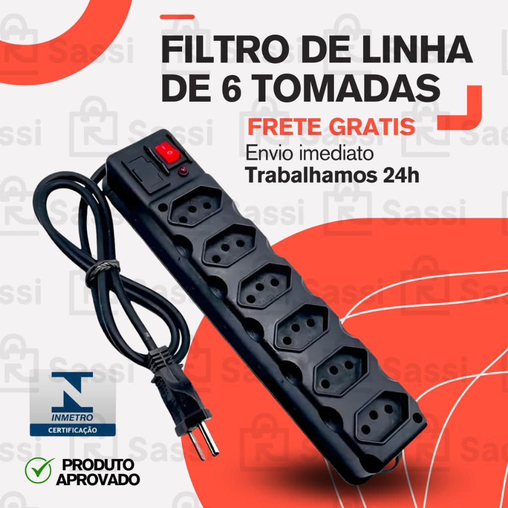Filtro de Linha RÉGUA DE 6 TOMADAS tripolar 10 Amperes com fusível Pronta Entrega Chave Liga/Desliga