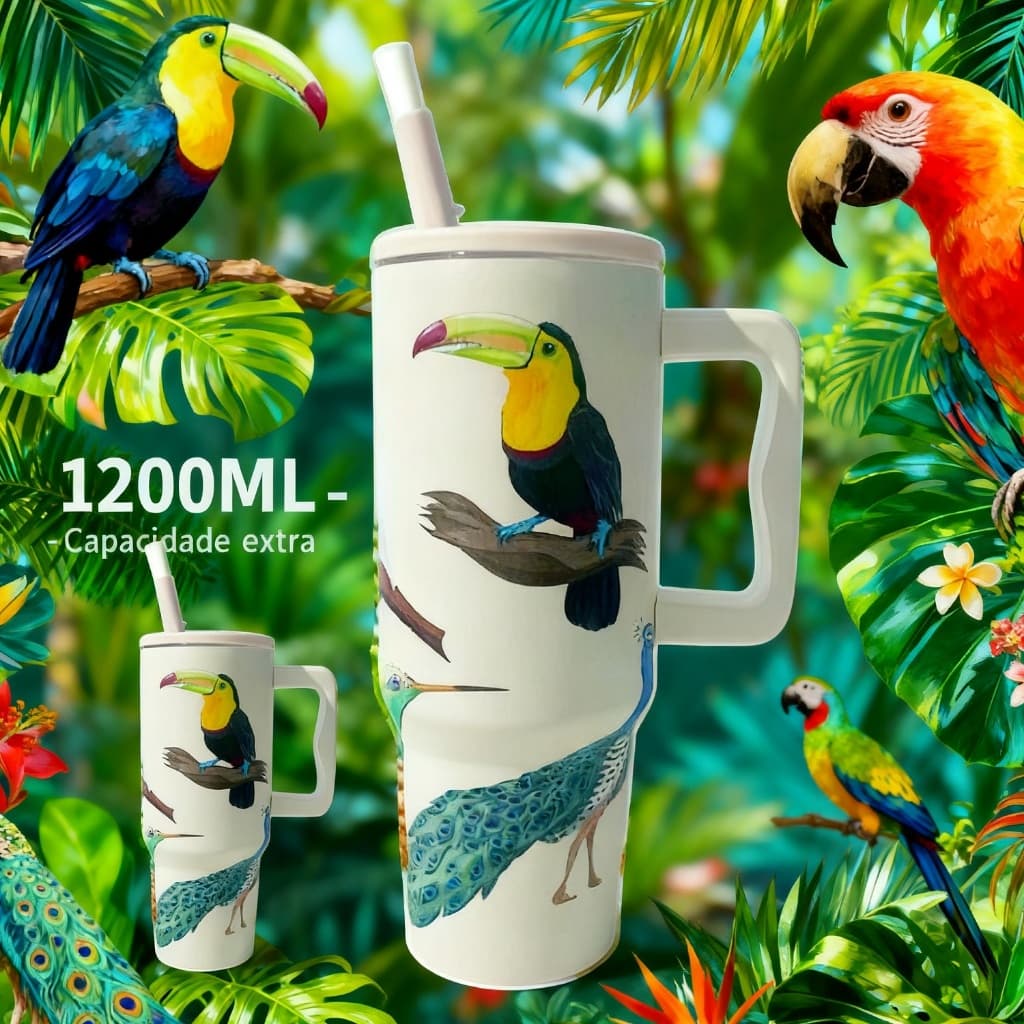 Brasil Estilo Copo Térmico 1200ml Alça Canudo Personalizado Estampa Tucano Arara Pássaro Fauna Tropical