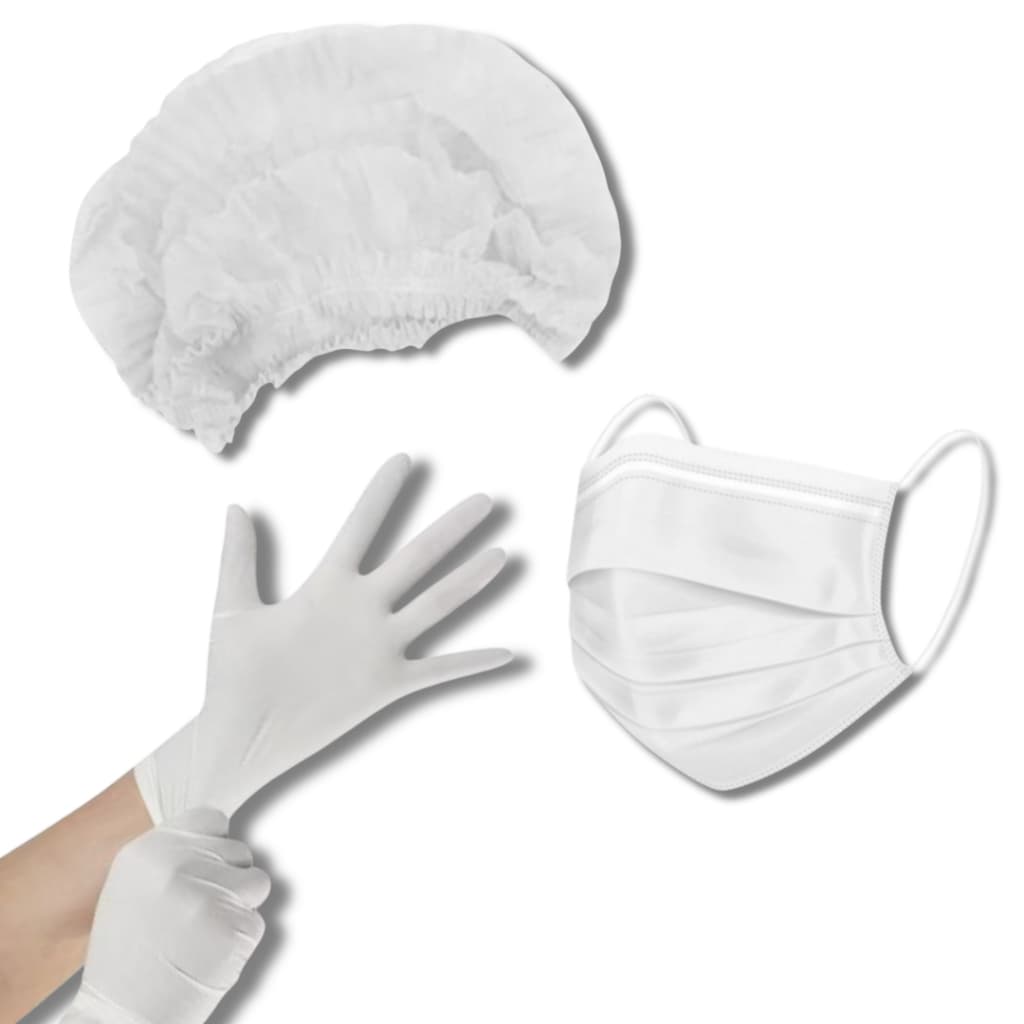 Kit 100 Luva Latex+100 Touca TNT+100 Máscara Descartável C/ Clipe Nasal