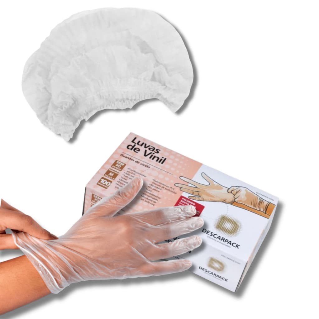 Kit 100 Touca TNT + 100 Luvas de Vinil Descartável P, M ou G
