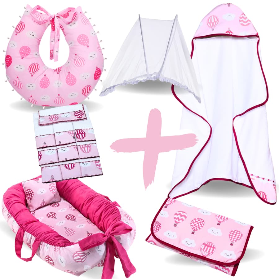 Kit Ninho Redutor de Berço + Toalha Bebê + Almofada + Trocador + Mosquiteiro Portátil + Toalha Boca